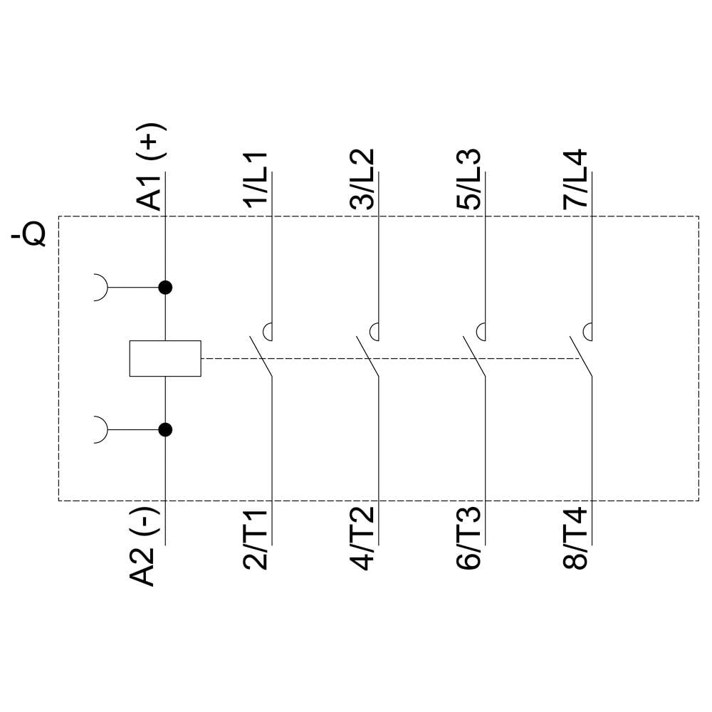 'Niederspannungs-Hauptschalter' Diagramm mit Schalterreihe. Links zeigen A1 (+) und A2 (-). Anschlüsse: 1/L1, 3/L2, 5/L3, 7/L4 oben; 2/T1, 4/T2, 6/T3, 8/T4 unten.