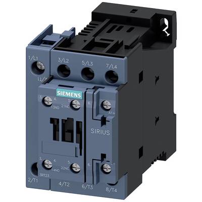Ein elektrischer Schütz von Siemens, Modell Sirius, mit Anschlüssen und Beschriftungen auf der Vorderseite.