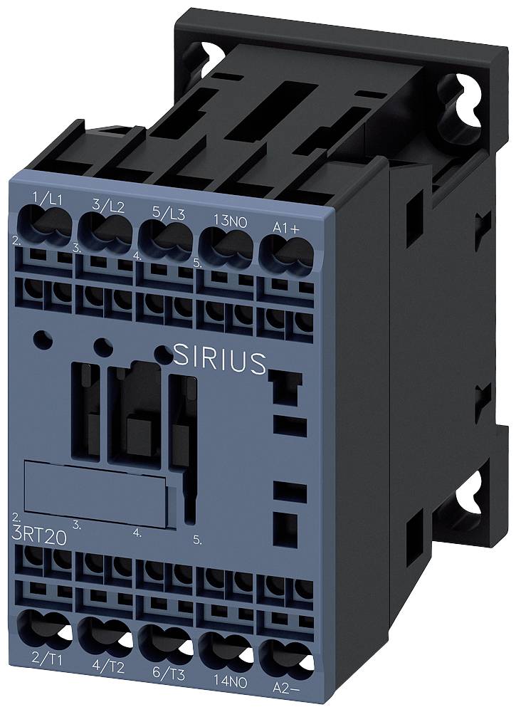 Ein elektrischer Schütz mit der Aufschrift 'SIRIUS', dargestellt sind mehrere Anschlussklemmen und ein schwarzes Kunststoffgehäuse.