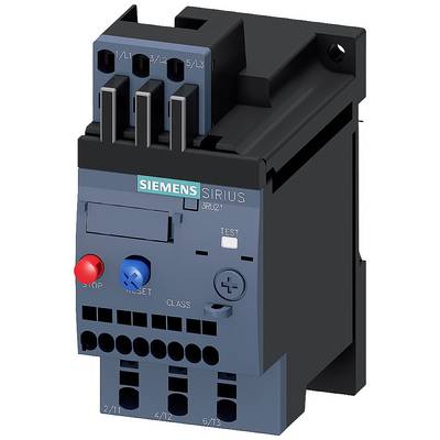 Ein Siemens Sirius Schütz mit Anschlüssen oben und unten, roten und blauen Tasten für Stop und Reset, und einem Testknopf.