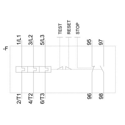 Ein technisches Diagramm eines elektrischen Schaltplans. Zeigt Anschlusspunkte wie '1/L1', '2/T1', '3/L2', '4/T2', usw., verbunden durch Linien.