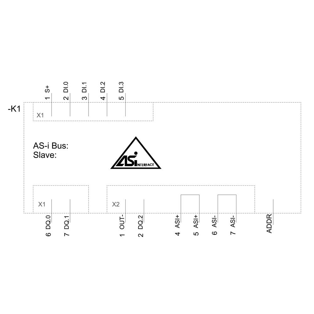 'AS-i Bus: Slave' Schaltplan mit Anschlüssen: K1, X1, X2. Mehrere Ein- und Ausgänge mit Beschriftungen wie D0.0, ASl, ADDR. AS-Interface Logo in der Mitte.