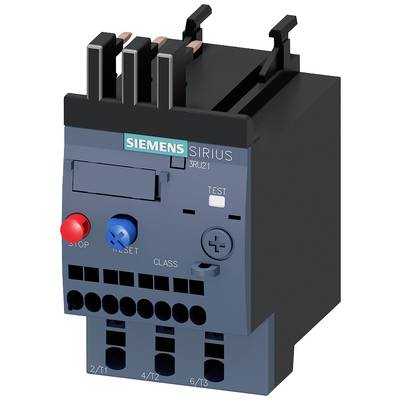 Ein Siemens Sirius Überlastrelais mit Testknopf und zwei Tasten zum Zurücksetzen. Anschlüsse sind unten angebracht.
