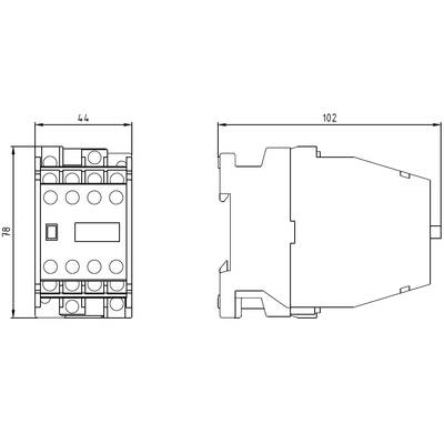 Technische Zeichnung eines elektrischen Geräts, zeigt Draufsicht und Seitenansicht mit den Maßen 44 mm x 78 mm und 102 mm Länge.