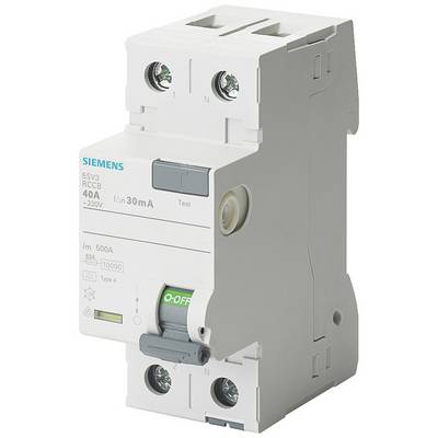 Leistungsschalter von Siemens, Modell 5SV3, 40A, für 230V. Enthält Testknopf und grüne 'OFF'-Anzeige.