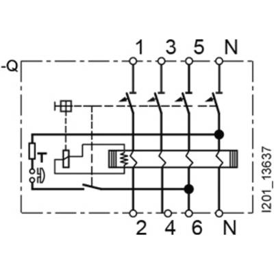 'Elektroschaltplan mit sechs nummerierten Kontakten und Transformator. Linien und Symbole zeigen elektrische Verbindungen und Komponenten.'