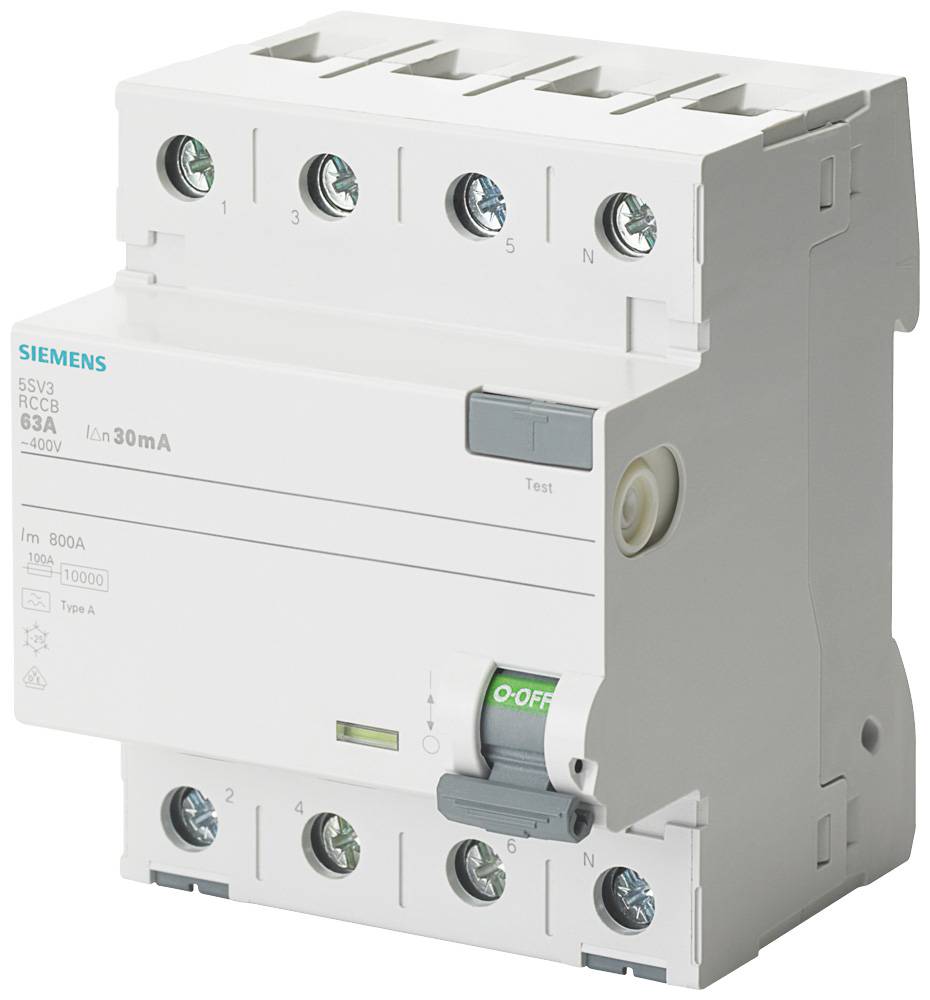 Ein vierpoliger FI-Schutzschalter mit einer Nennspannung von 400 V, einem Nennstrom von 63 A und einer Auslösestromstärke von 30 mA.