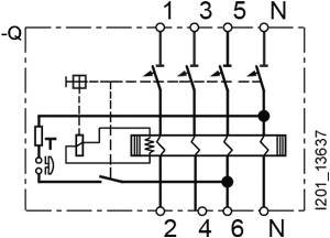Schaltplan mit fünf nummerierten Klemmen und zwei N-leitungen; zeigt elektrische Verbindungen und Symbole zur Steuerungstechnik.