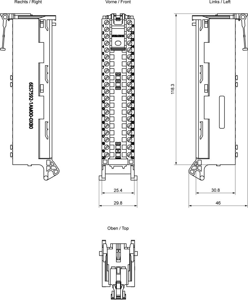 Technische Zeichnung eines elektronischen Steckers. Ansichten: Vorne, rechts, links und oben. Abmessungen eingetragen. Beschriftungen in Deutsch: 'Rechts', 'Vorne', 'Links', 'Oben'. Von jedem Blickwinkel sind Komponenten sichtbar.