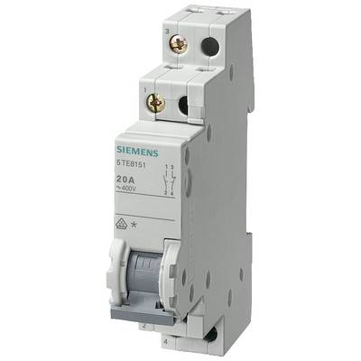 Ein grauer Siemens-Leitungsschutzschalter mit der Aufschrift '5TE8151', '20A', und '400V'. Schalter mit Kipphebel unten.