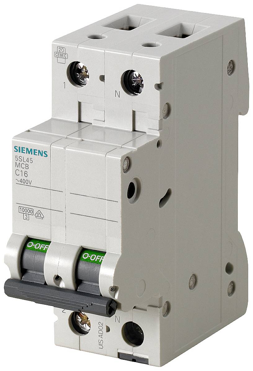 Leitungsschutzschalter mit der Bezeichnung 'Siemens 5SL45 MC16', zeigt Schalterpositionen für Stromkreisschutz in elektrischen Installationen.