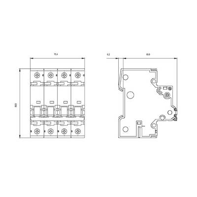 Technische Zeichnung eines elektrischen Schalters mit Abmessungen: Breite 70,4 mm, Tiefe 69,8 mm, Höhe 86 mm. Ansicht von vorne und der Seite.