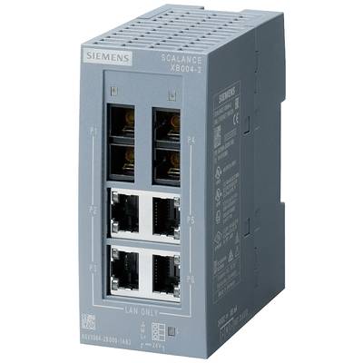 Ein grauer Siemens Scalance XB004-2 Netzwerk-Switch mit acht LAN-Ports, geeignet für industrielle Anwendungen in Netzwerksystemen.