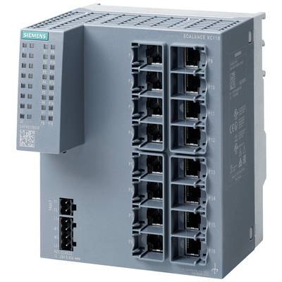 Ein graues industrielles Netzwerkgerät mit mehreren Ethernet-Ports und LED-Anzeigen. Modellname "SCALANCE XC118" ist auf dem Gerät erkennbar.