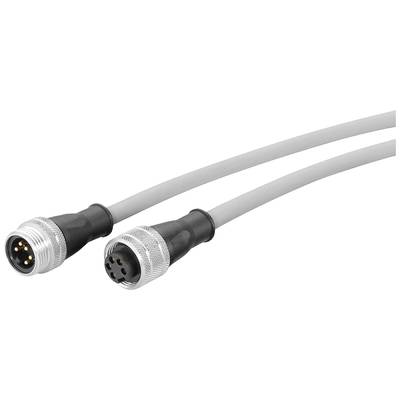 Zwei graue M12-Steckverbinder, geeignet für industrielle Anwendungen, mit jeweils vier Pins und vernickelten Fassungen.
