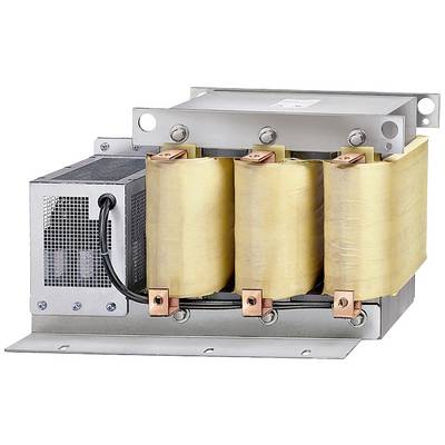 Ein dreiphasiger Drosseltransformator mit Kupferwicklungen und Metallgehäuse, verwendet zur Reduzierung von elektrischen Störungen.