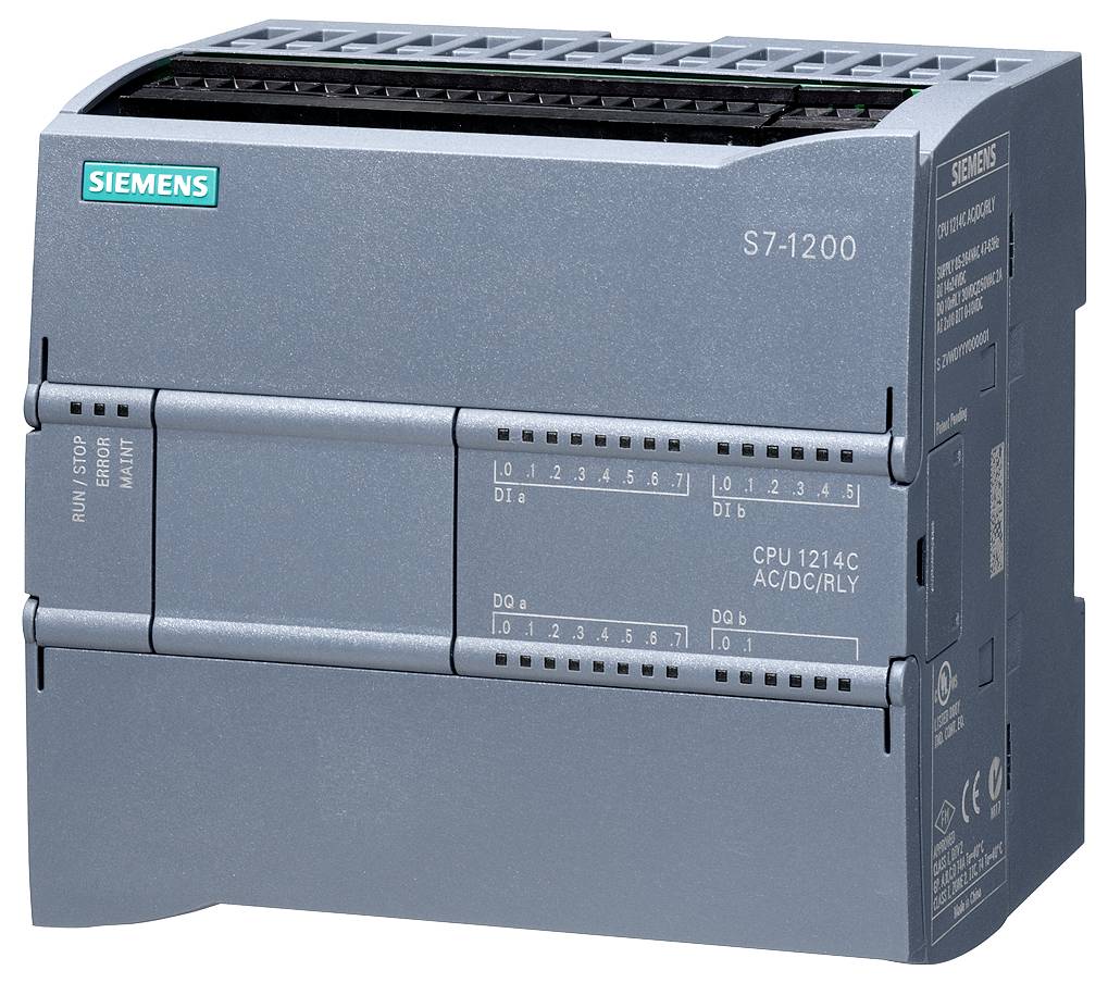 Ein graues Siemens S7-1200 Steuergerät mit mehreren Anschlüssen und Beschriftungen. Es dient zur Automatisierung von Maschinen.