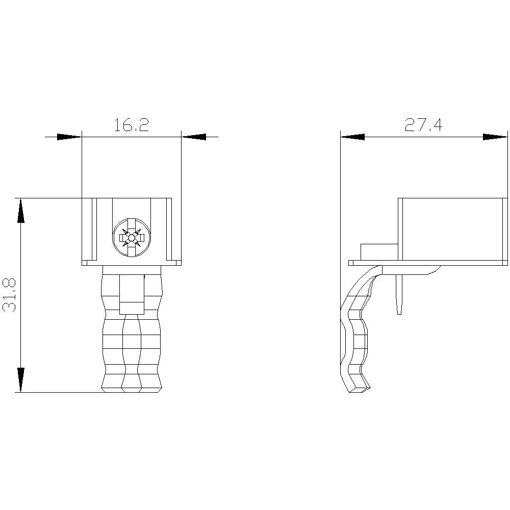 Technische Zeichnung eines Bauteils mit zwei Ansichten. Links die Vorderansicht, rechts die Seitenansicht. Maße: 16,2 x 31,8 und 27,4.