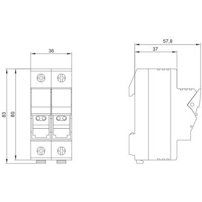 Technische Zeichnung eines elektrischen Bauteils mit Abmessungen: 83 x 36 x 57,8 mm. Vorder- und Seitenansicht mit Schraubanschlüssen.