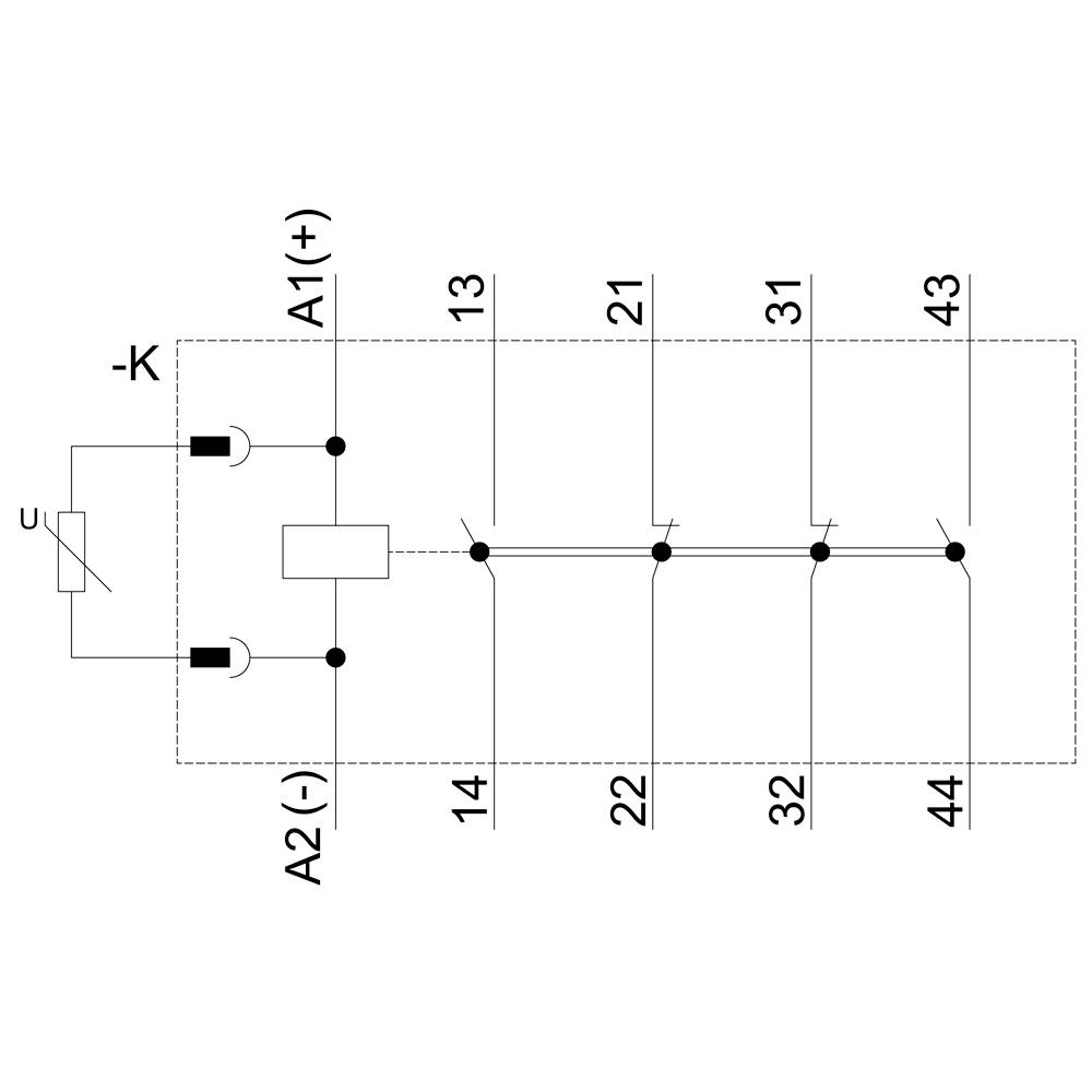 Schaltskizze eines Relais: Spule zwischen A1(+) und A2(-); Kontakte 13/14, 21/22, 31/32, 43/44 geöffnet. Spulenverbindung über Taster.