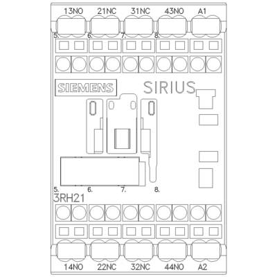 'Schütz Siemens SIRIUS 3RH21', zeigt Schaltplan mit Anschlussbezeichnungen (13NO, 21NC, 31NC, 43NO, A1, 14NO, 22NC, 32NC, 44NO, A2).