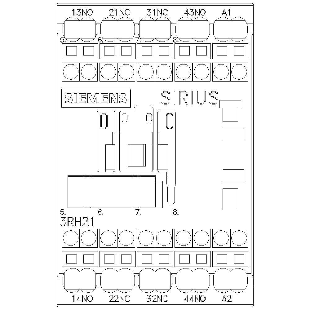 Ein Schaltplan eines Siemens Sirius Relaismoduls zeigt Anschlüsse für verschiedene Schaltkreise, nummeriert von 13NO bis 44NO, und die Spulenkontakte A1 und A2.