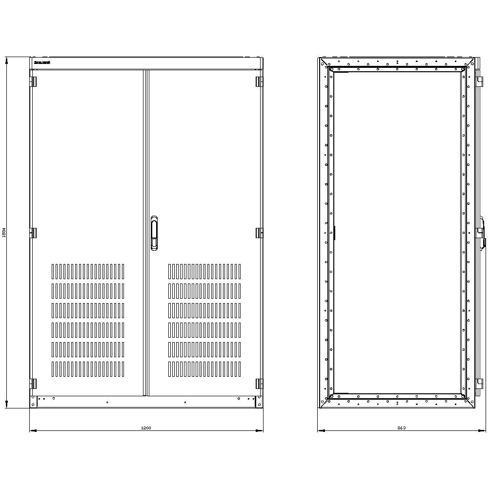 Technische Zeichnung eines zweiflügeligen Schranks in Front- und Seitenansicht mit Maßen. Ventilationsgitter an den Türen.