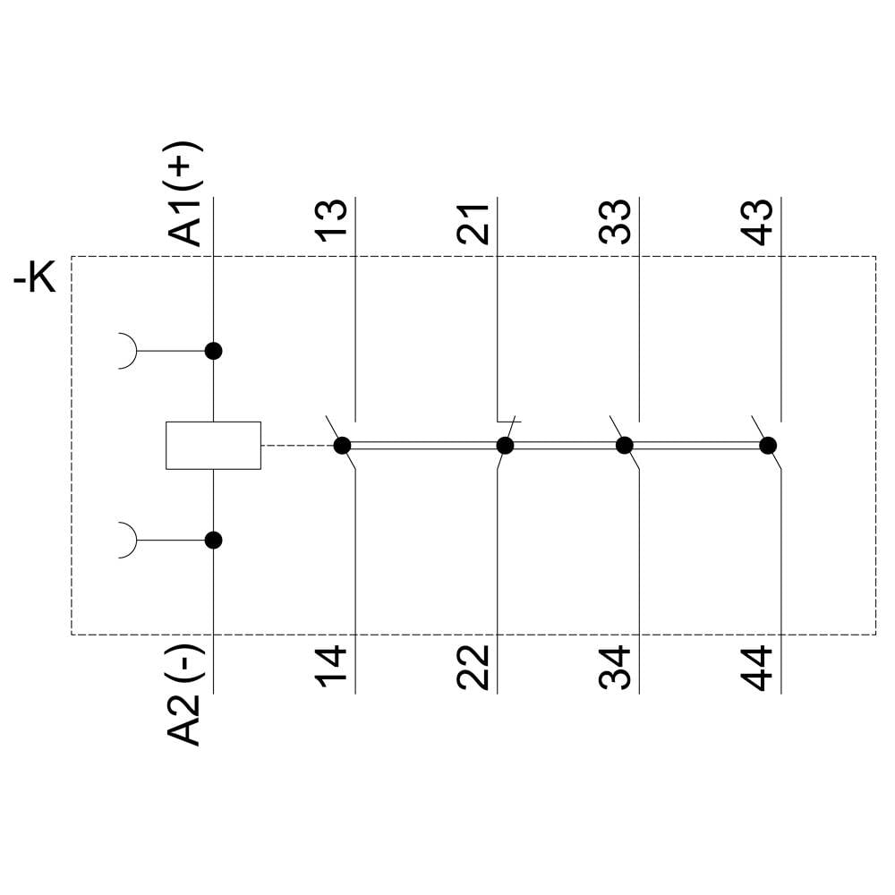 Schaltskizze eines Relais: Anschlüsse A1 (+), A2 (-), 13, 21, 33, 43 und Schaltverbindungen: 14, 22, 34, 44. Komponenten in Reihe verbunden.