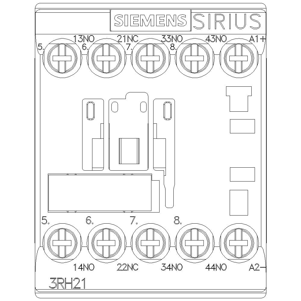 Ein Schaltgerät der Marke Siemens Sirius, Modell 3RH21. Oben und unten befinden sich jeweils vier runde Anschlüsse, nummeriert und beschriftet.