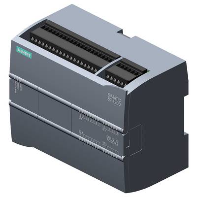 Ein grauer SIMATIC S7-1200 Controller von Siemens mit Anschlüssen und LED-Anzeigen für industrielle Automatisierungszwecke.