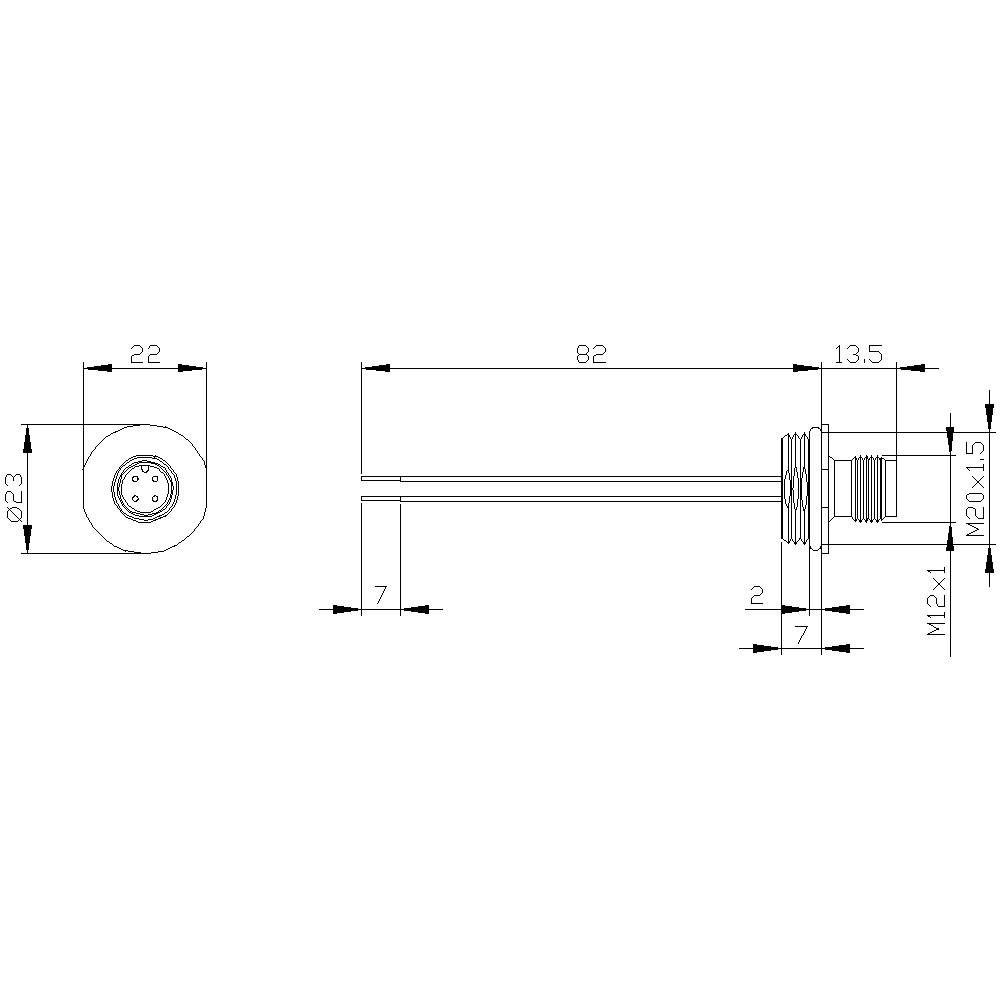 Technische Zeichnung einer zylindrischen Sonde mit Abmessungen. Hauptteil ist 82 mm lang, Gewinde M12x1,5. Draufsicht und Seitenansicht.