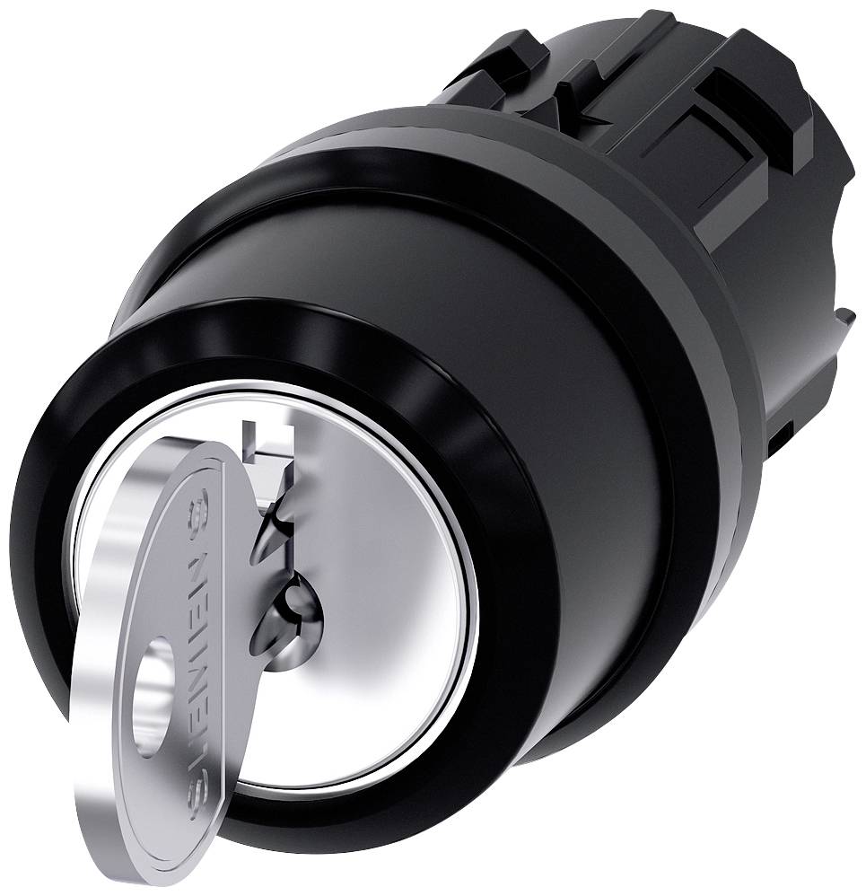 Ein schwarzes Zylinderschloss mit einem eingeführten Schlüssel, der leicht nach links gedreht ist.