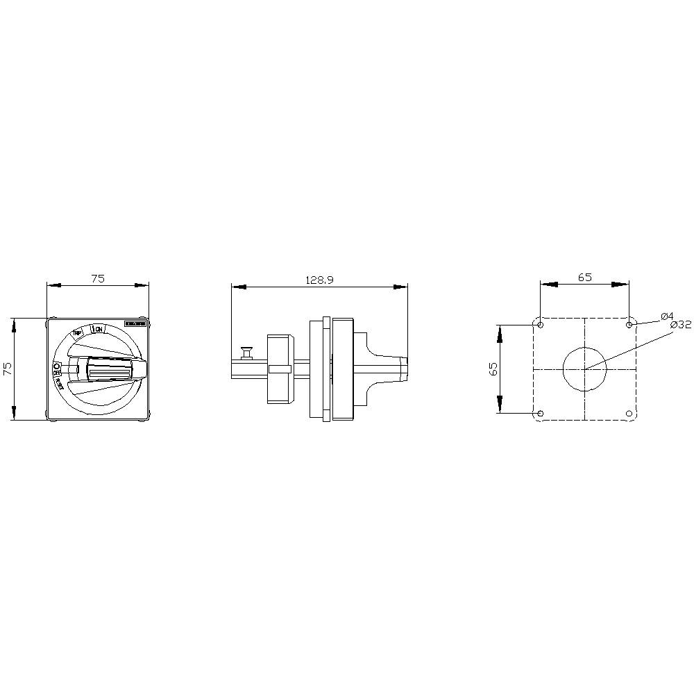 Technische Zeichnung eines quadratischen Drehknopfschalters mit Abmessungen von 75x75 mm und einer Höhe von 128,9 mm.