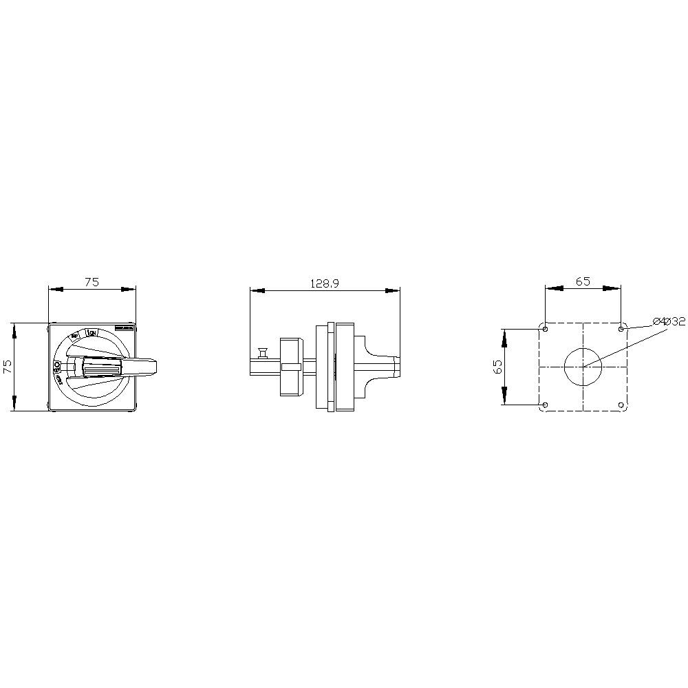 Technische Zeichnung eines mechanischen Drehgriffschalters mit Abmessungen: 75 mm Breite, 75 mm Höhe; Seitengrundriss zeigt 128,9 mm Länge.