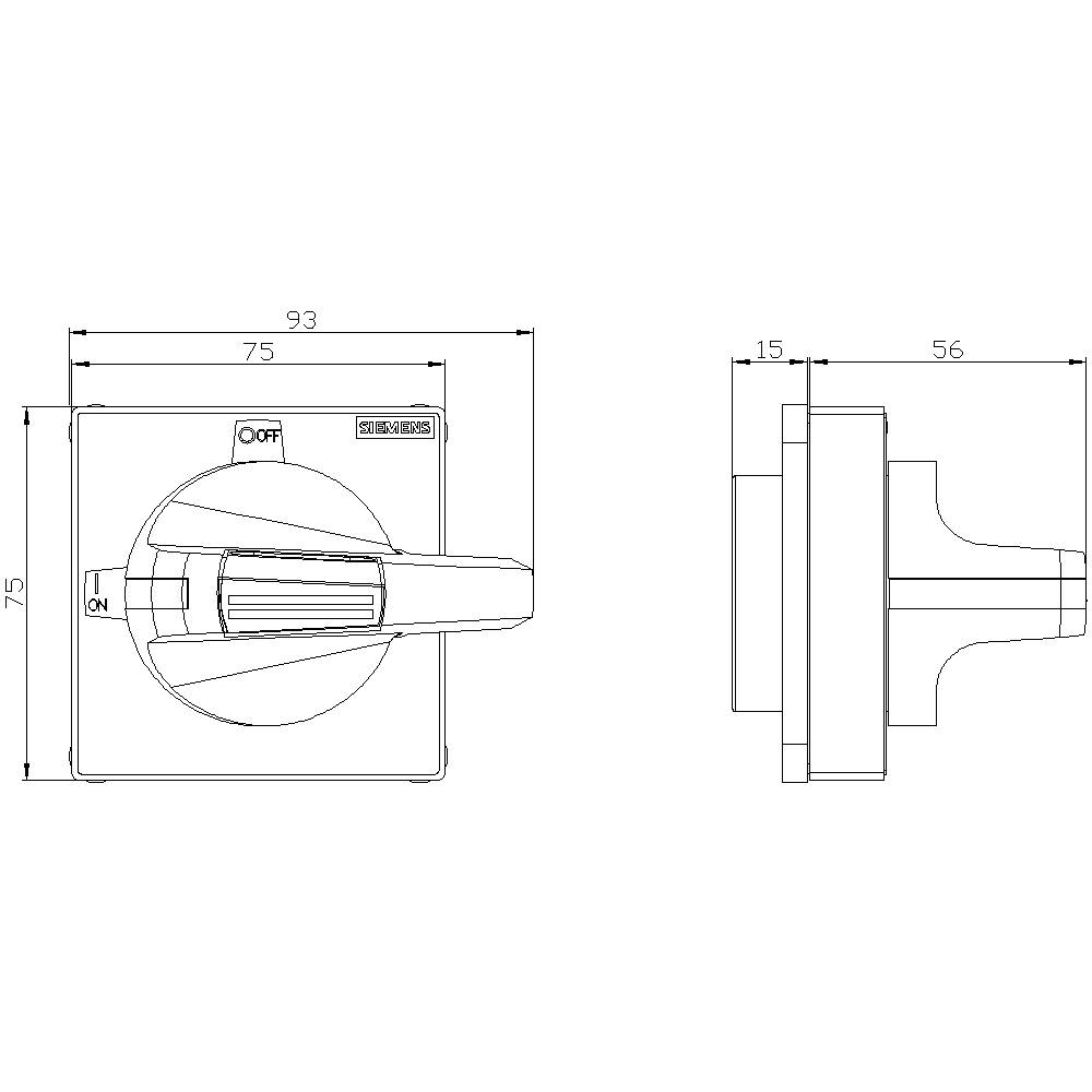 Technische Zeichnung eines Schalters mit Maßen: 75x75 mm Grundfläche, 93 mm Hebellänge, 56 mm Tiefe. Hebel zeigt 'OFF' und 'ON'.