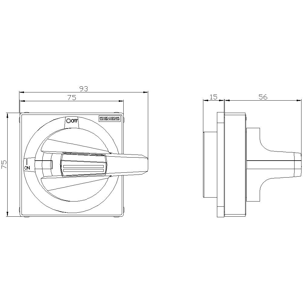 Technische Zeichnung eines Schalters mit Abmessungen: 93x75 mm vorne, 56x15 mm seitlich. Beschriftungen für Ein ('ON') und Aus ('OFF').