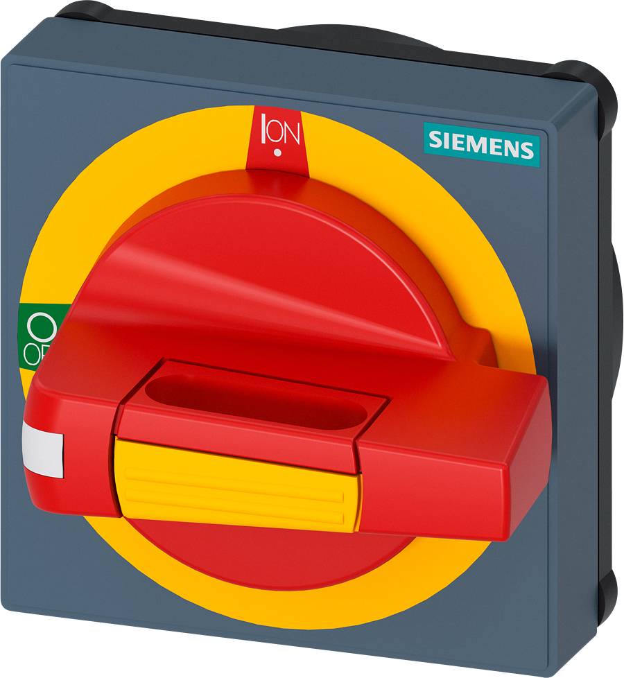 Ein roter Hauptschalter mit gelber Basis auf einem grauen Gehäuse, zeigt 'ON' und 'OFF', dient zum sicheren Ein- und Ausschalten von Geräten.
