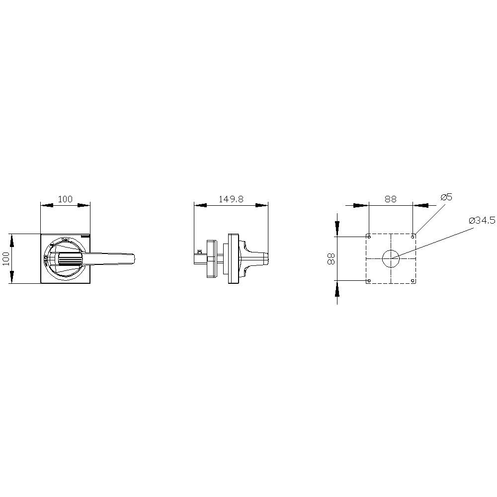 Technische Zeichnung eines mechanischen Bauteils mit drei Ansichten. Bemaßungen: 100x100, 88x88, und 5 mm Bohrung mit einem Durchmesser von 34,5 mm.