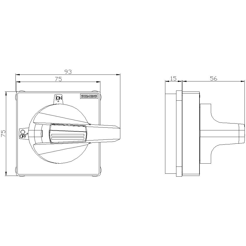 Technische Zeichnung eines Schalters mit Maßangaben: 75x75mm Grundfläche links, 56mm Tiefe rechts. Schalterstellung 'ON' und 'OFF'.