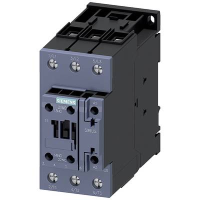 Ein elektrischer Schütz von Siemens, Modell SIRIUS, gezeigt in der Vorderansicht mit erkennbaren Anschlussklemmen und Steuerelementen.