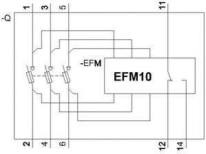 Schaltplan mit drei Schaltern und Widerständen, verbunden zu einem Gerät mit der Beschriftung 'EFM10'. Zahlen von 1 bis 14 kennzeichnen Anschlüsse.