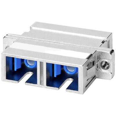 Ein rechteckiger, silberner Metalladapter mit zwei blauen Anschlüssen, geeignet für Glasfaserkabelverbindungen.