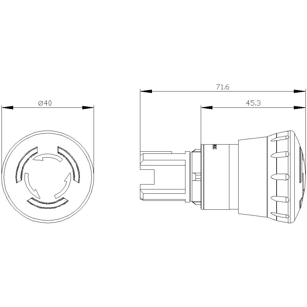 Zeichnung eines mechanischen Teils mit Maßen: Durchmesser 40 mm, Gesamtbreite 71,6 mm, und Detailbreite 45,3 mm.