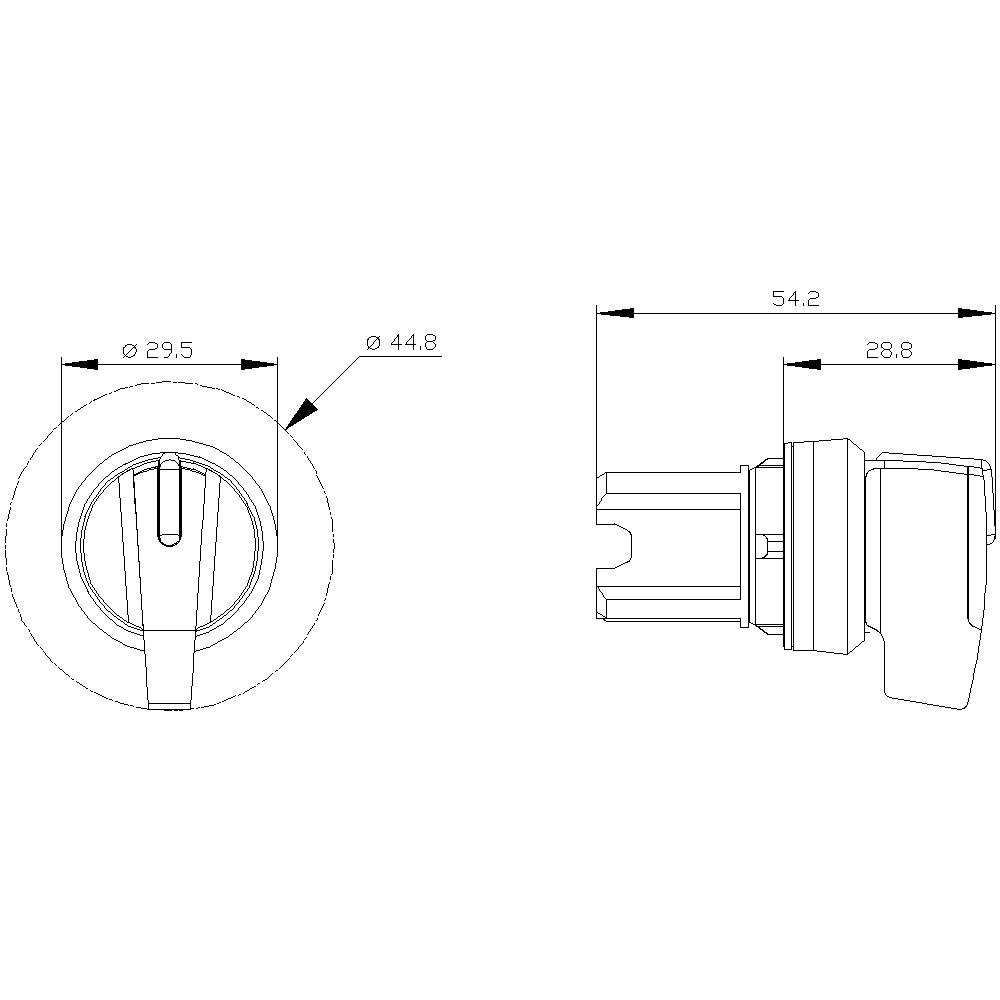 Technische Zeichnung eines schlüssellosen Drehschalters mit Maßangaben: Durchmesser 44,8 mm, Breite 54,2 mm, Tiefe 29,8 mm.