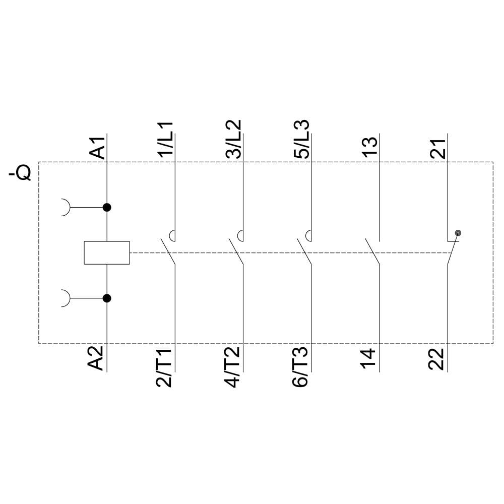 Schütz-Schaltplan mit sechs horizontalen Linien, jede bezeichnet mit A1/A2, 1/L1 bis 3/L2, 5/L3 bis 6/T3, 13/14 und 21/22. Kreis und Rechtecke repräsentieren Kontakte.