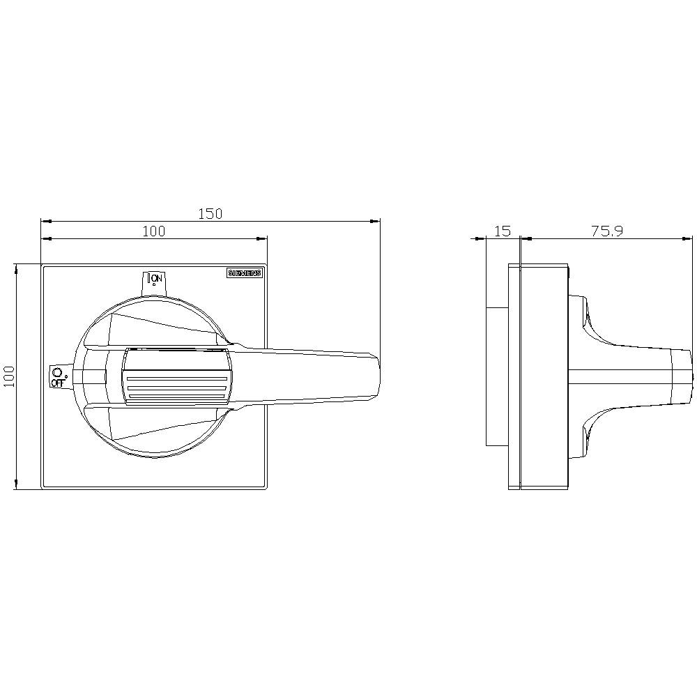 Technische Zeichnung eines Schalters. Links: Vorderansicht mit Abmessungen 100x100 mm. Rechts: Seitenansicht mit Länge 75,9 mm.