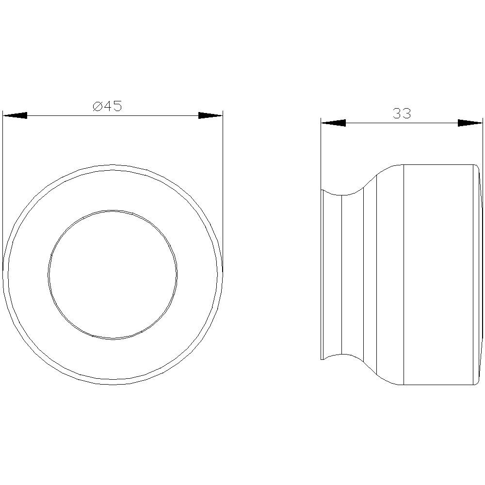 Technische Zeichnung eines zylindrischen Objekts mit Maßen: Durchmesser 45 mm, Tiefe 33 mm. Seiten- und Vorderansicht dargestellt.