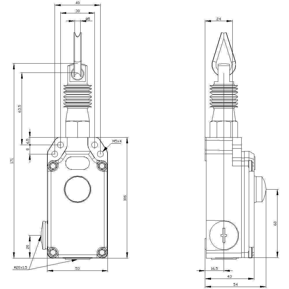 Technische Zeichnung eines mechanischen Schalters mit Maßangaben in Millimetern, einschließlich Breite, Höhe und Position der Schraubenlöcher.