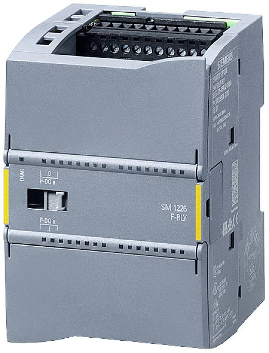 A gray electrical module with connection terminals and labeled 'SM 1226 F-RLY', likely used for industrial automation systems.