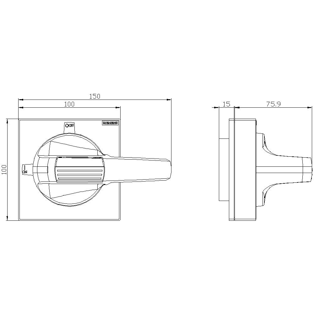 Technische Zeichnung eines quadratischen Schalters: Vorderansicht 150x100 mm, Seitenansicht 15 mm Tiefe. Detailmaße enthalten.